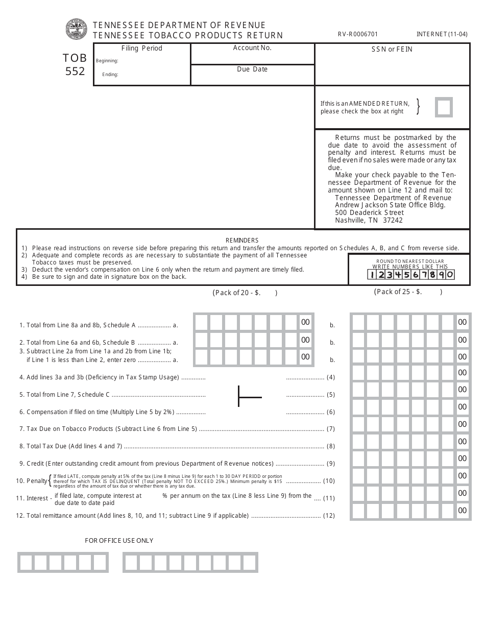Form TOB552 (RV-R0006701) Tennessee Tobacco Products Return for Tax Periods Prior to July 1, 2007 - Tennessee, Page 1