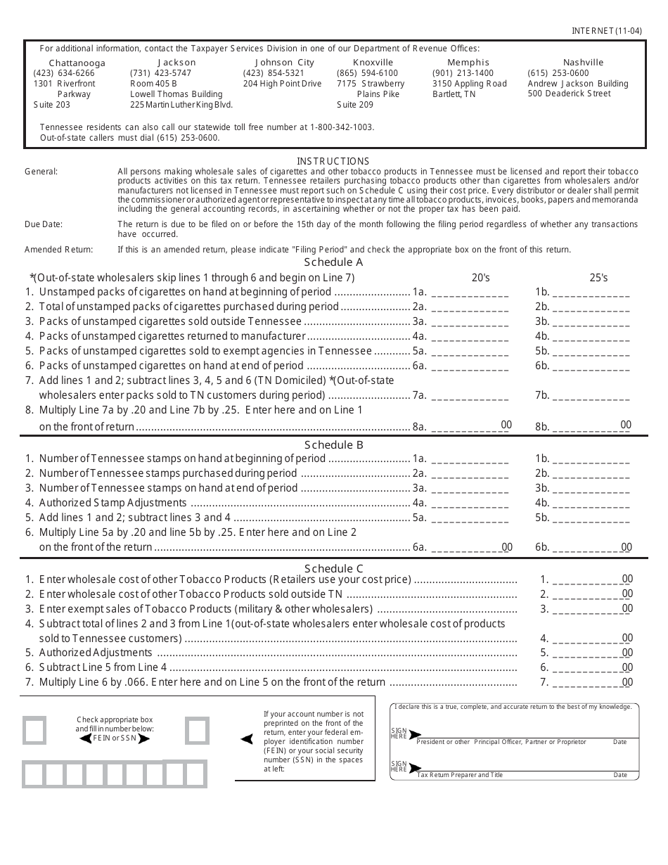 Form TOB552 (RV-R0006701) Tennessee Tobacco Products Return for Tax Periods Prior to July 1, 2007 - Tennessee, Page 2