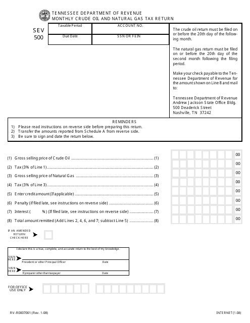 Form SEV500 (RV-R0007001) Monthly Crude Oil and Natural Gas Tax Return - for Tax Periods Prior to May 1, 2019 - Tennessee