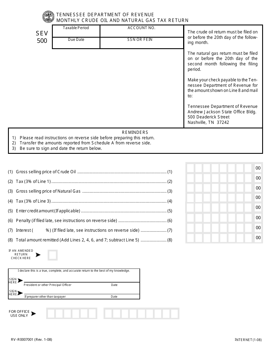 Form SEV500 (RV-R0007001) Monthly Crude Oil and Natural Gas Tax Return - for Tax Periods Prior to May 1, 2019 - Tennessee, Page 1
