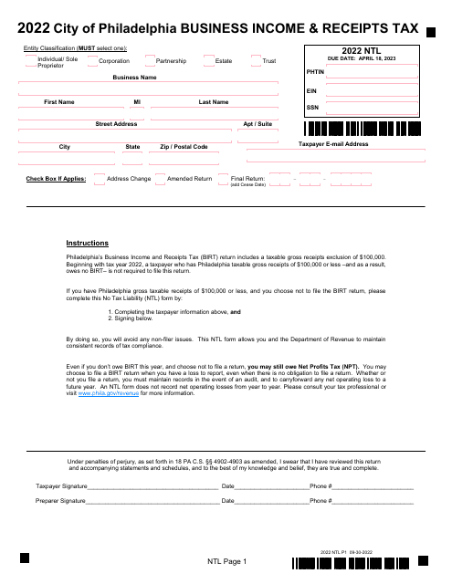 Form P1 Birt No Tax Liability Form - City of Philadelphia, Pennsylvania, 2022