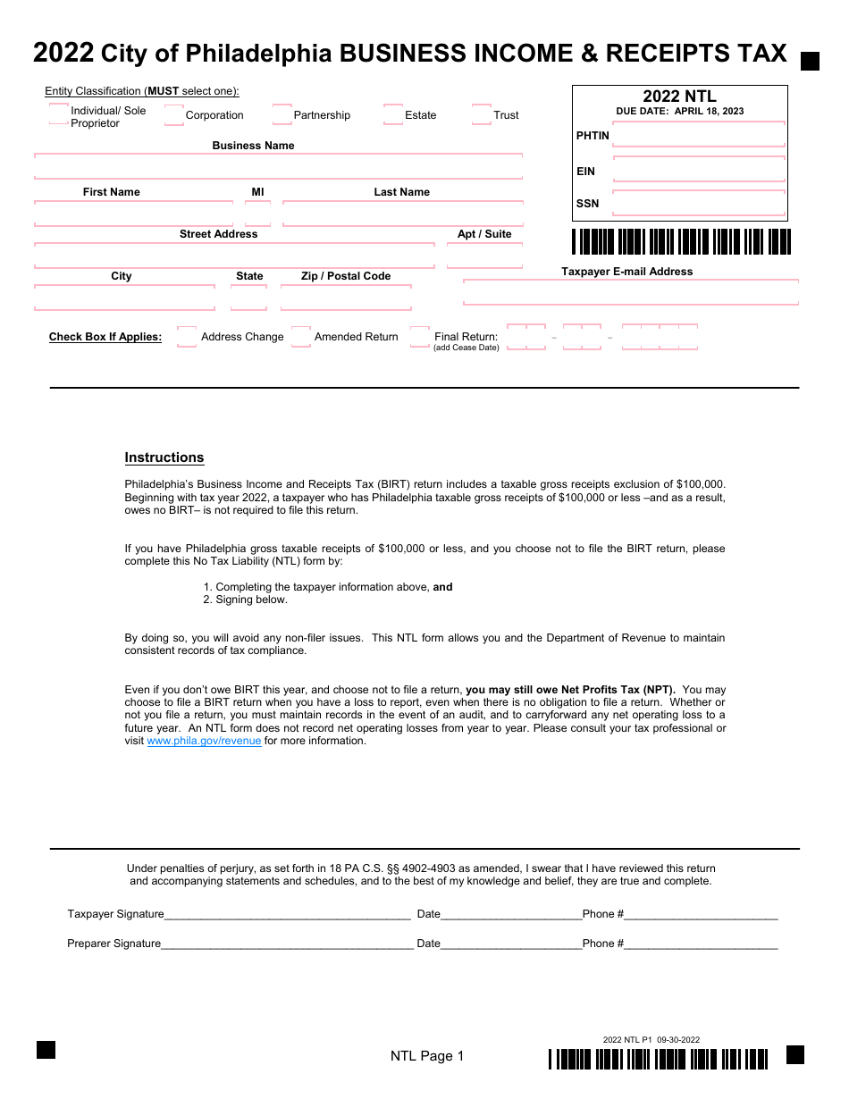 Form P1 Download Fillable Pdf Or Fill Online Birt No Tax Liability Form 2022 City Of 4089