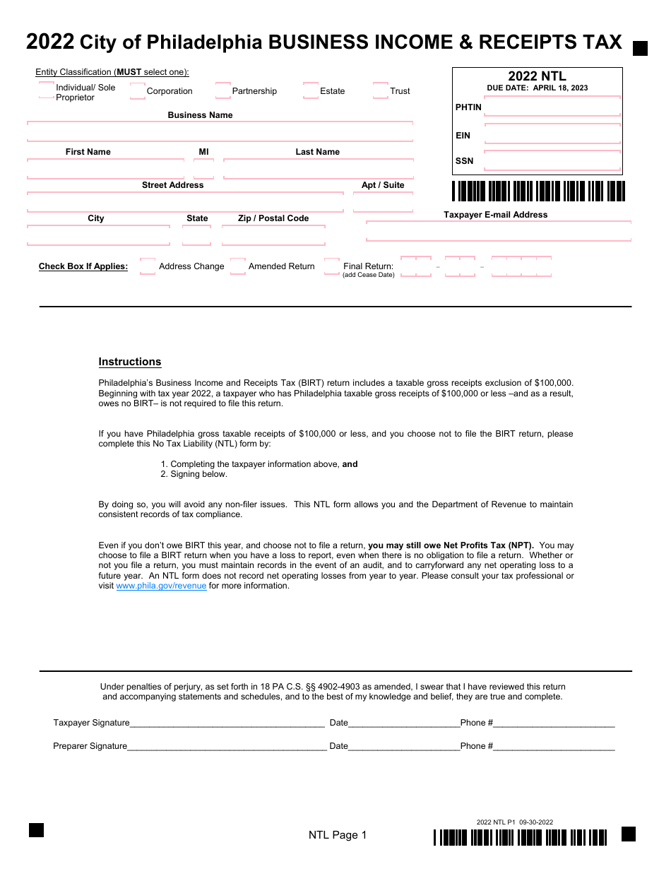 Form P1 Birt No Tax Liability Form - City of Philadelphia, Pennsylvania, Page 1