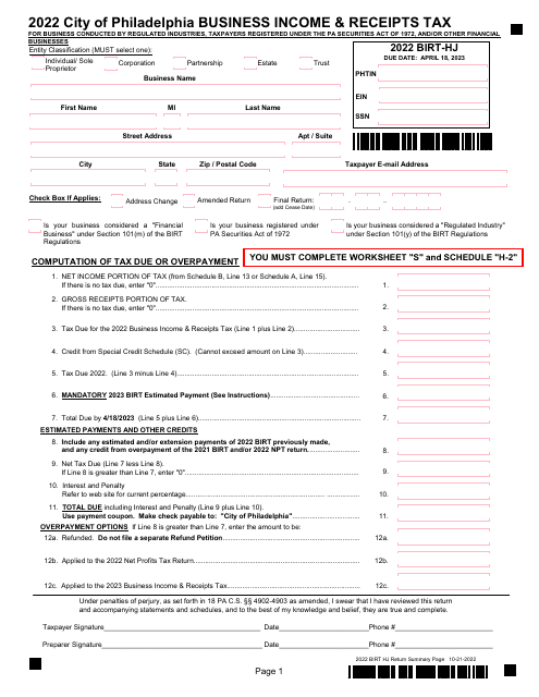Form BIRT-HJ Business Income & Receipts Tax - City of Philadelphia, Pennsylvania, 2022