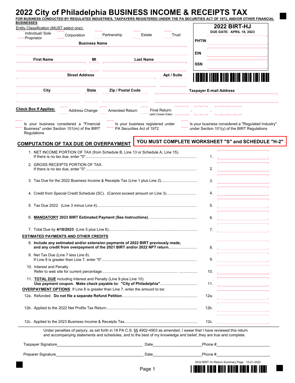 Form BIRT-HJ Business Income  Receipts Tax - City of Philadelphia, Pennsylvania, Page 1