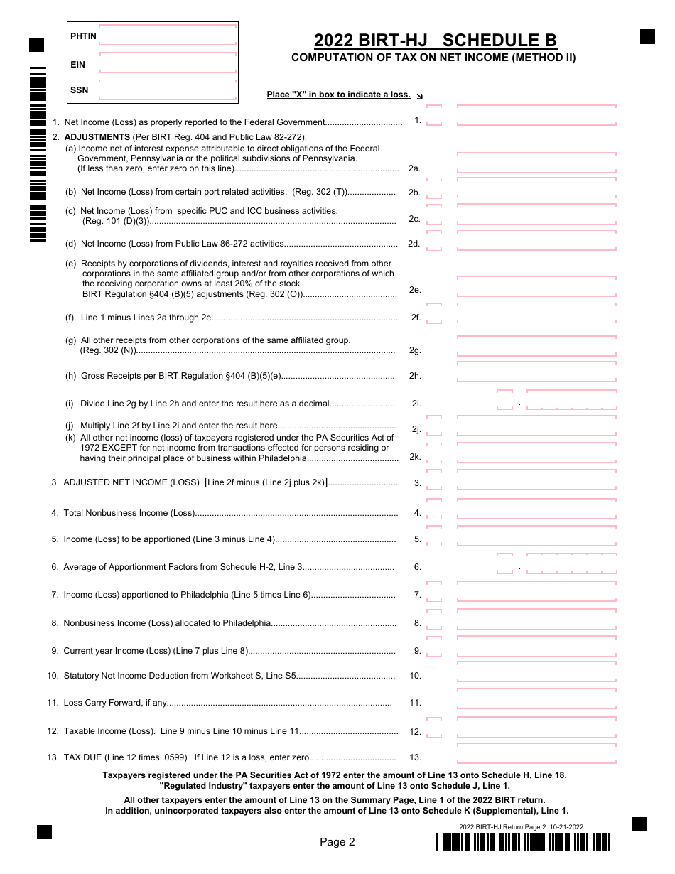 Form BIRT-HJ Business Income  Receipts Tax - City of Philadelphia, Pennsylvania, Page 2
