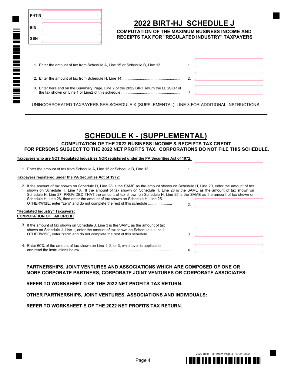 Form BIRT-HJ Business Income  Receipts Tax - City of Philadelphia, Pennsylvania, Page 4