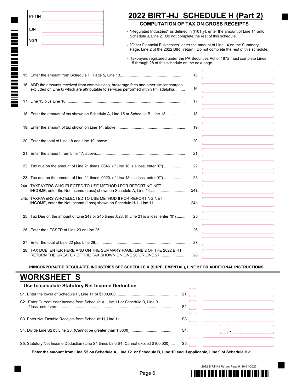 Form BIRT-HJ Business Income  Receipts Tax - City of Philadelphia, Pennsylvania, Page 6