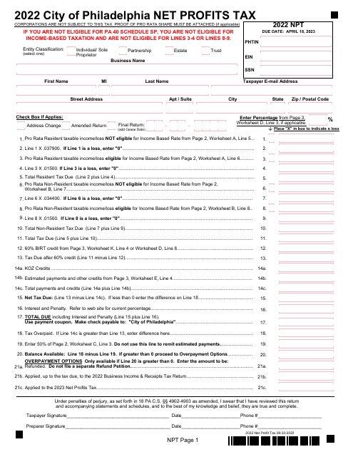 Net Profits Tax - City of Philadelphia, Pennsylvania Download Pdf