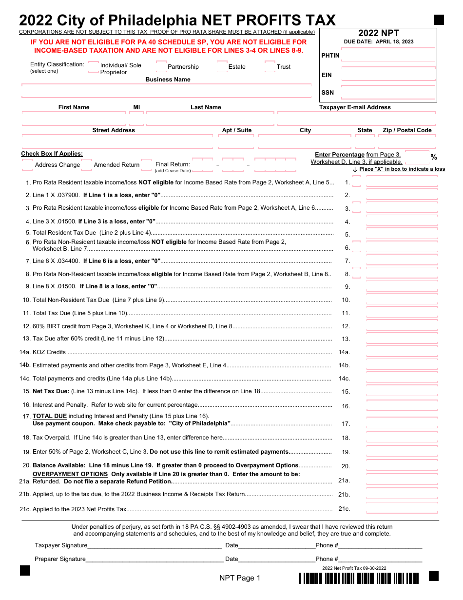 2022 City of Philadelphia, Pennsylvania Net Profits Tax Fill Out