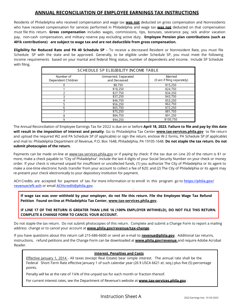 Instructions for Annual Reconciliation of Employee Earnings Tax - City of Philadelphia, Pennsylvania, Page 1