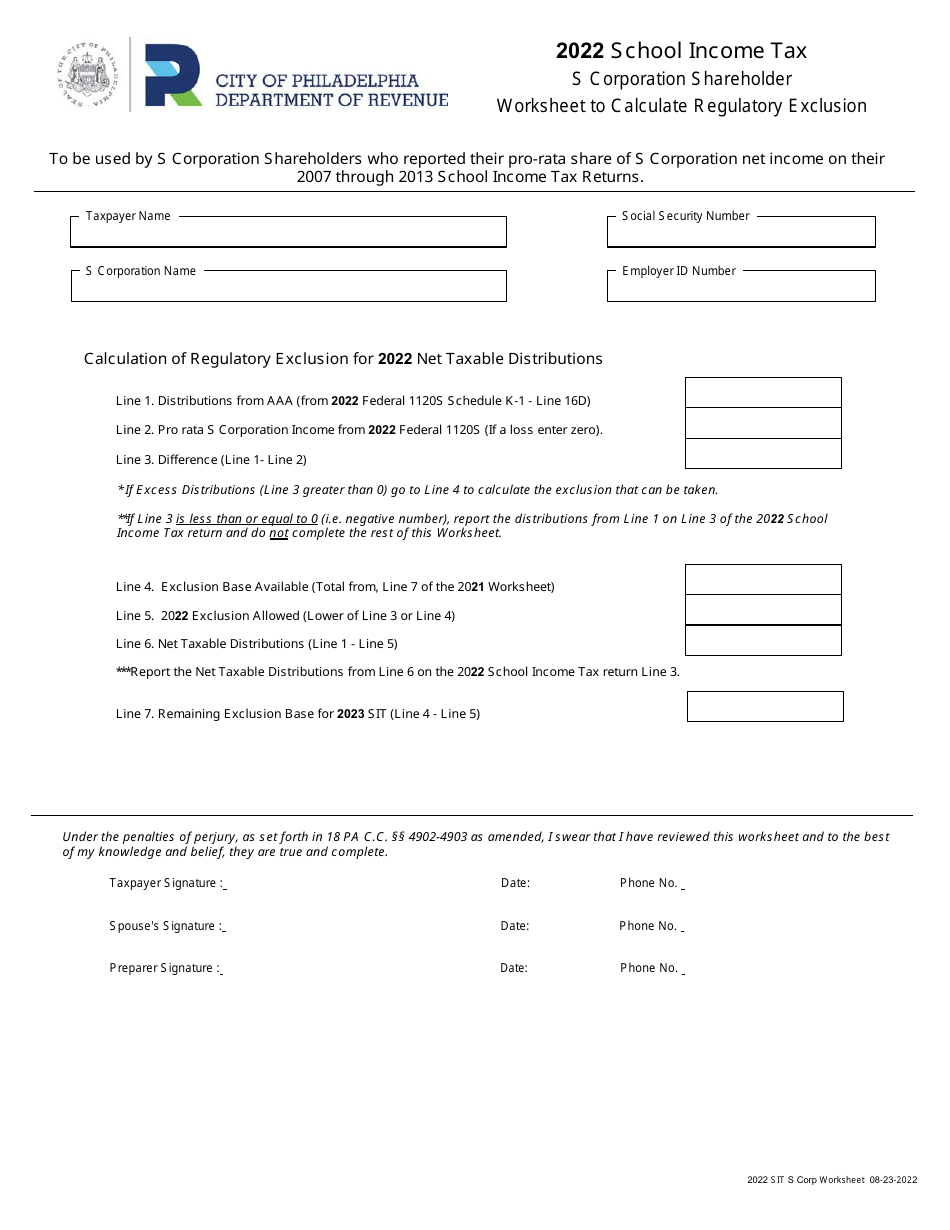 School Income Tax - S Corporation Shareholder Worksheet to Calculate Regulatory Exclusion - City of Philadelphia, Pennsylvania, Page 1