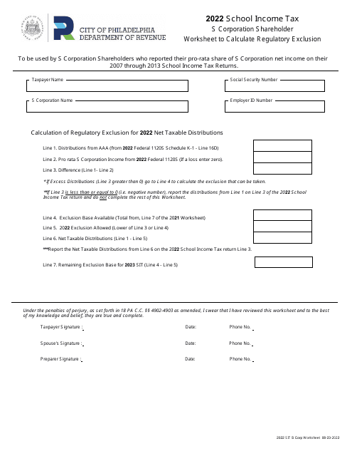 School Income Tax - S Corporation Shareholder Worksheet to Calculate Regulatory Exclusion - City of Philadelphia, Pennsylvania Download Pdf