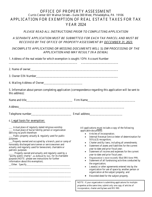 Application for Exemption of Real Estate Taxes - City of Philadelphia, Pennsylvania Download Pdf