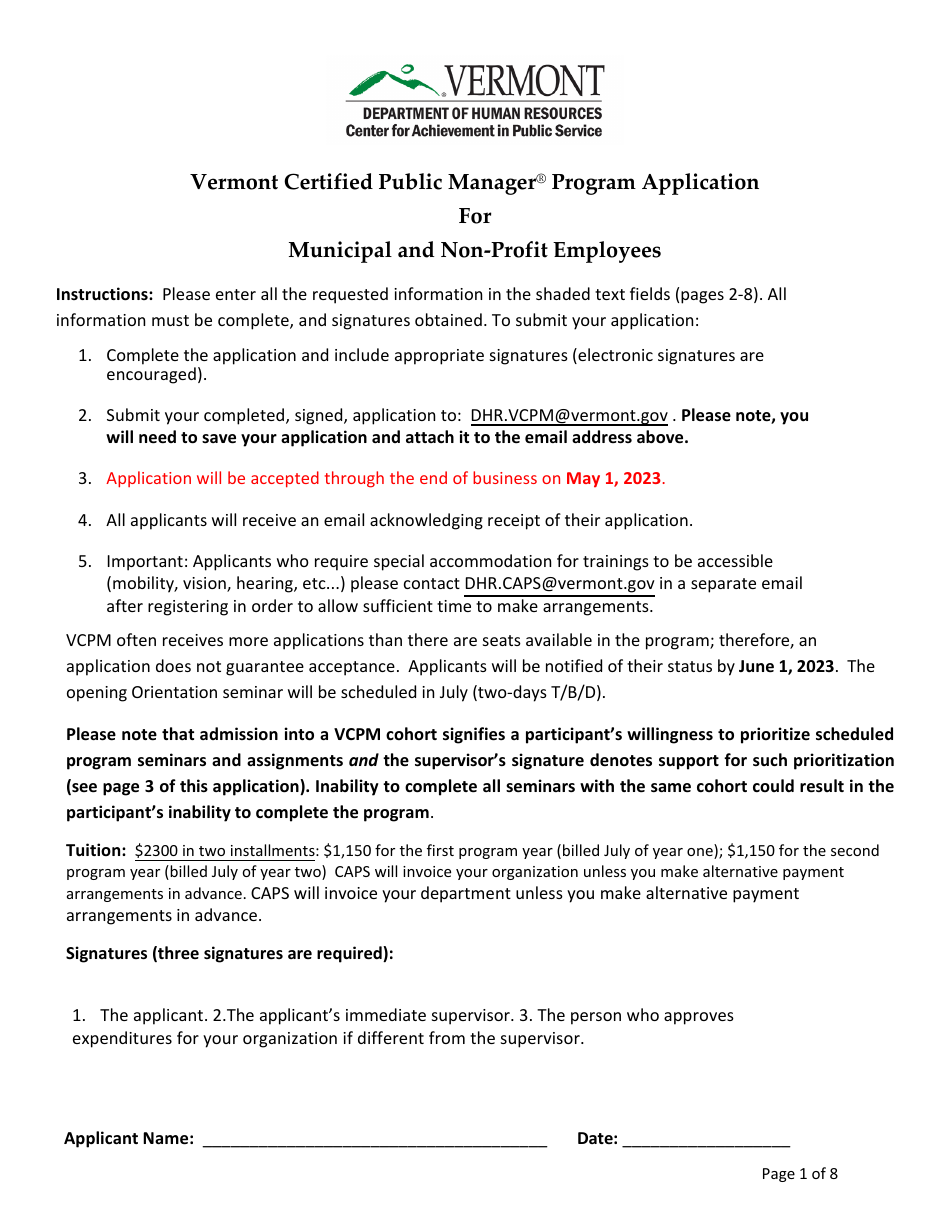 Vermont Certified Public Manager Program Application for Municipal and Non-profit Employees - Vermont, Page 1