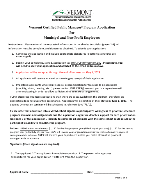 Vermont Certified Public Manager Program Application for Municipal and Non-profit Employees - Vermont, 2023