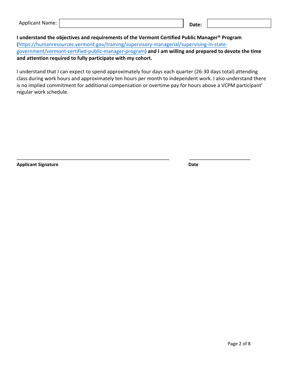 Vermont Certified Public Manager Program State of Vermont Application - Vermont, Page 2