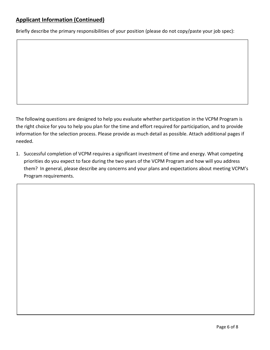 Vermont Certified Public Manager Program State of Vermont Application - Vermont, Page 6