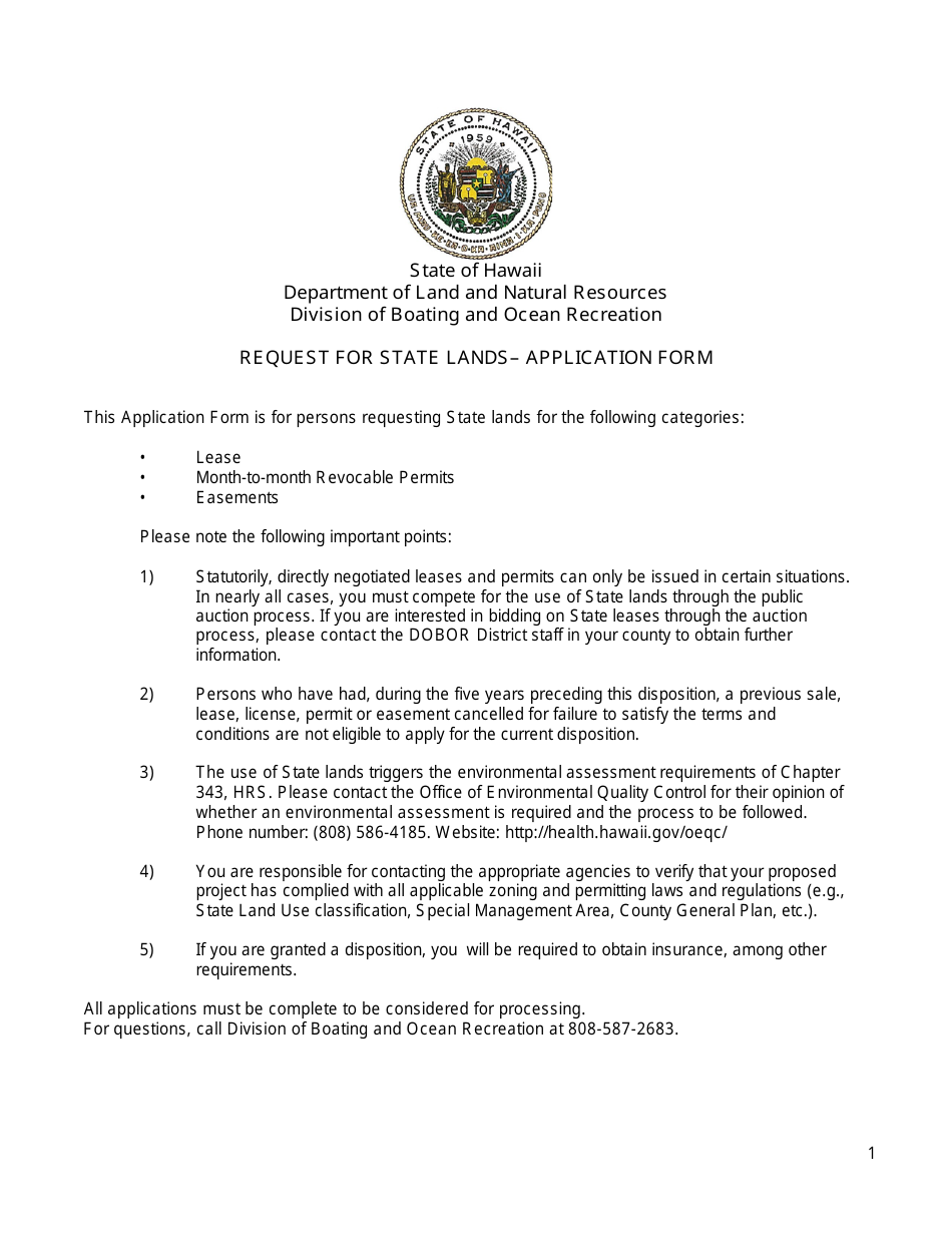 Request for State Lands Application - Hawaii, Page 1