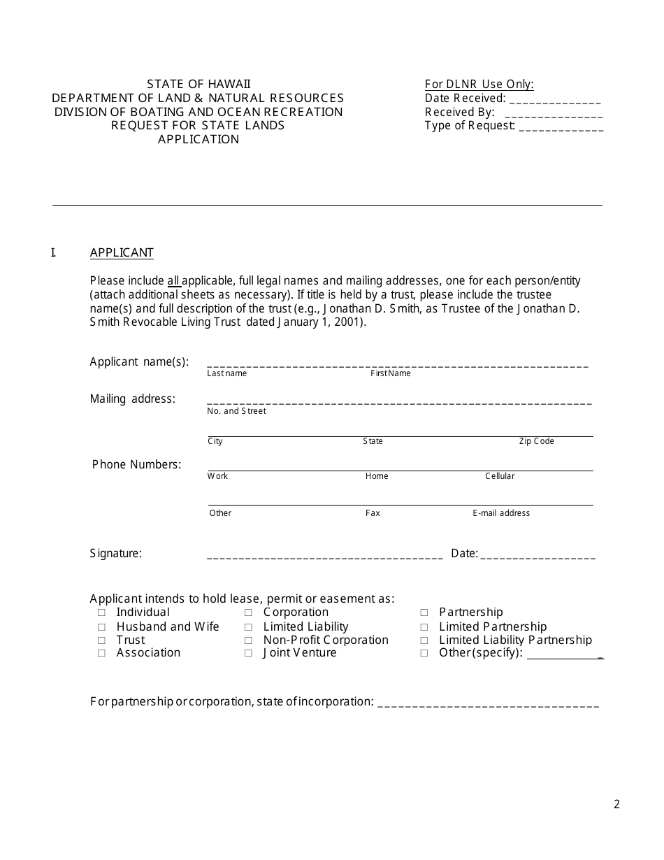 Request for State Lands Application - Hawaii, Page 2