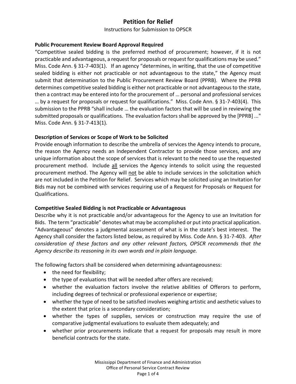 Petition for Relief From Competitive Sealed Bidding Requirements - Mississippi, Page 1