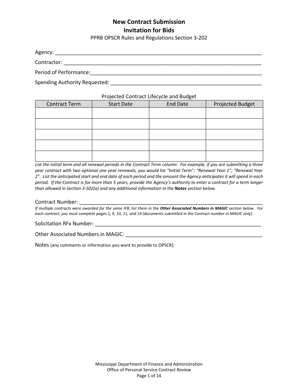 Mississippi New Contract Submission - Invitation for Bids - Fill Out ...