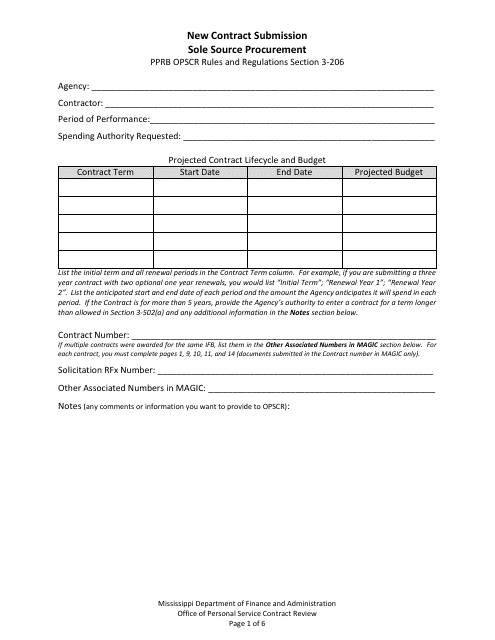 New Contract Submission - Sole Source Procurement - Mississippi Download Pdf