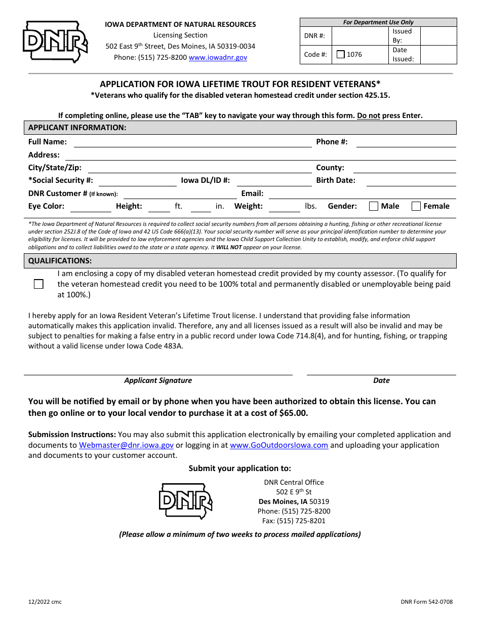 DNR Form 542-0708 Application for Iowa Lifetime Trout for Resident Veterans - Iowa, Page 1