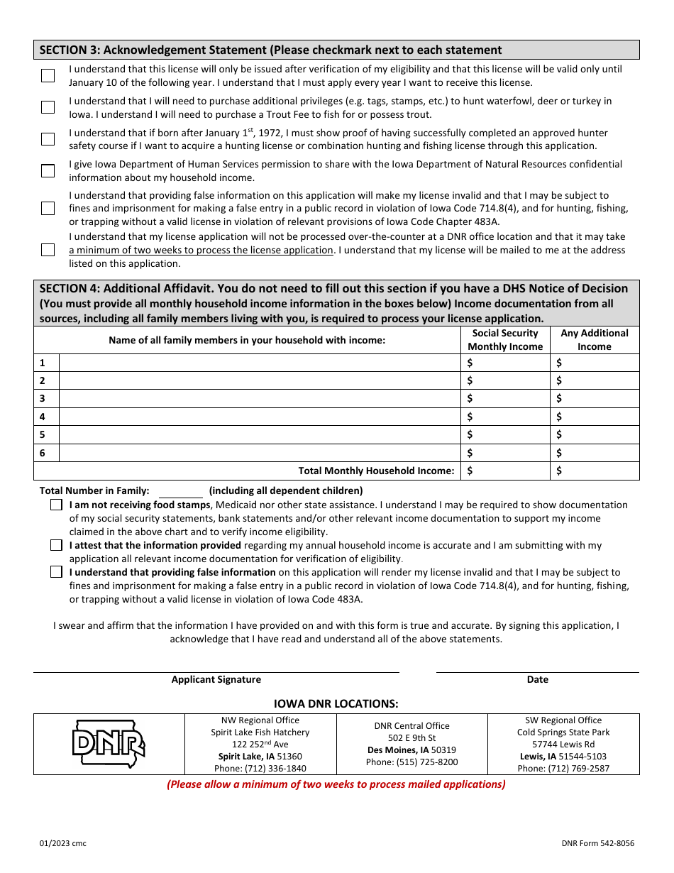 DNR Form 542-8056 Free Annual Resident Hunting and Fishing License Application - Iowa, Page 2
