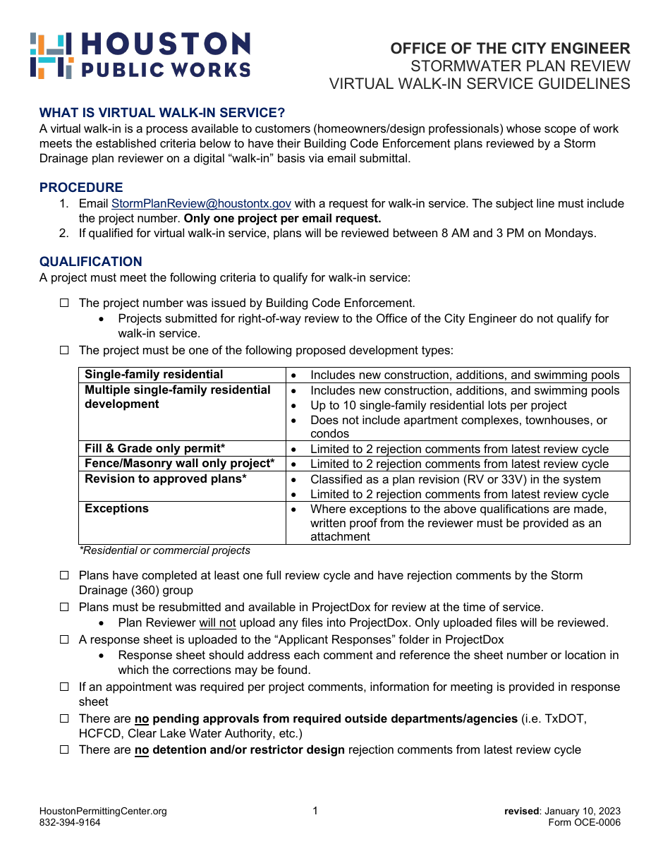 Form OCE-0006 Stormwater Plan Review Virtual Walk-In Service Guidelines - City of Houston, Texas, Page 1