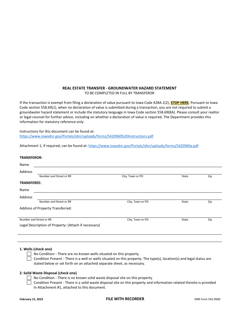 DNR Form 542-0960 Real Estate Transfer - Groundwater Hazard Statement - Iowa, Page 1