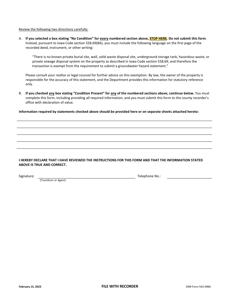 DNR Form 542-0960 Real Estate Transfer - Groundwater Hazard Statement - Iowa, Page 3