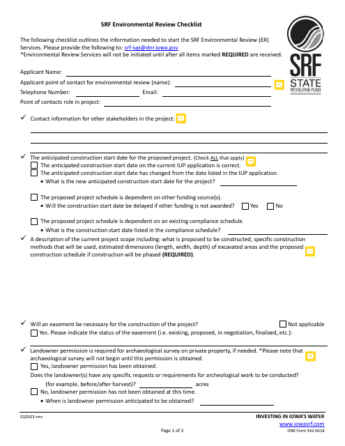 DNR Form 542-0618 Srf Environmental Review Checklist - Iowa
