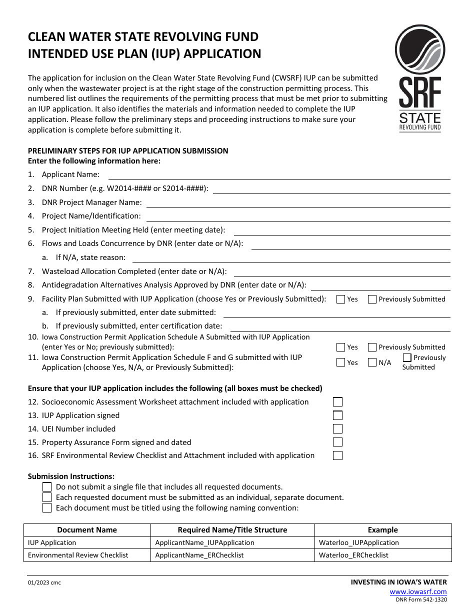 DNR Form 542-1320 Clean Water State Revolving Fund Intended Use Plan (Iup) Application - Iowa, Page 1