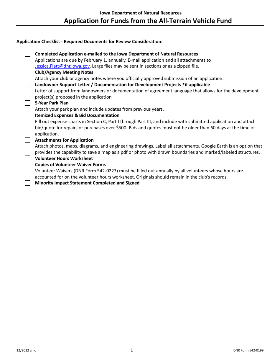 DNR Form 542-0199 Application for Funds From the All-terrain Vehicle Fund - Iowa, Page 1