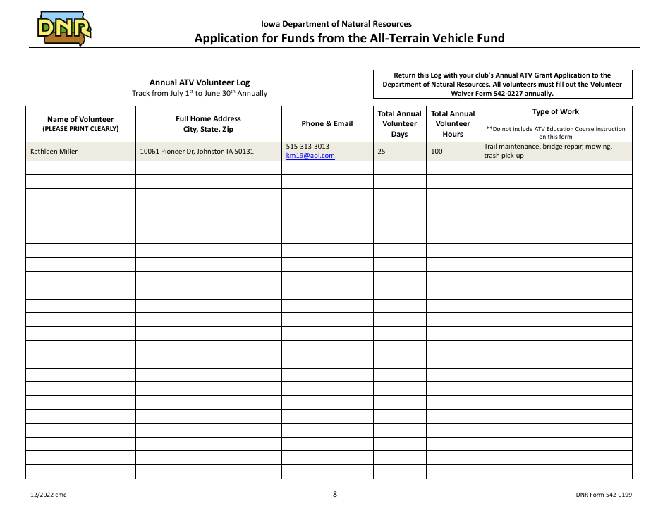 DNR Form 542-0199 Application for Funds From the All-terrain Vehicle Fund - Iowa, Page 8