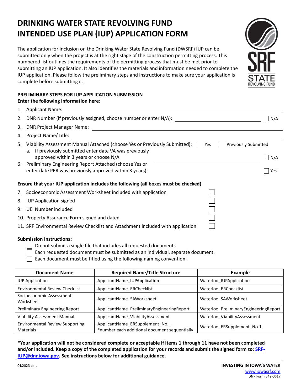 DNR Form 542-0617 Drinking Water State Revolving Fund Intended Use Plan (Iup) Application Form - Iowa, Page 1