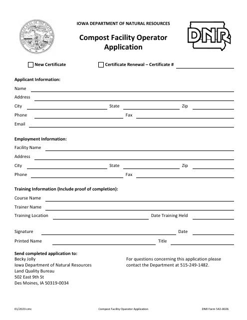 DNR Form 542-0026 Compost Facility Operator Application - Iowa