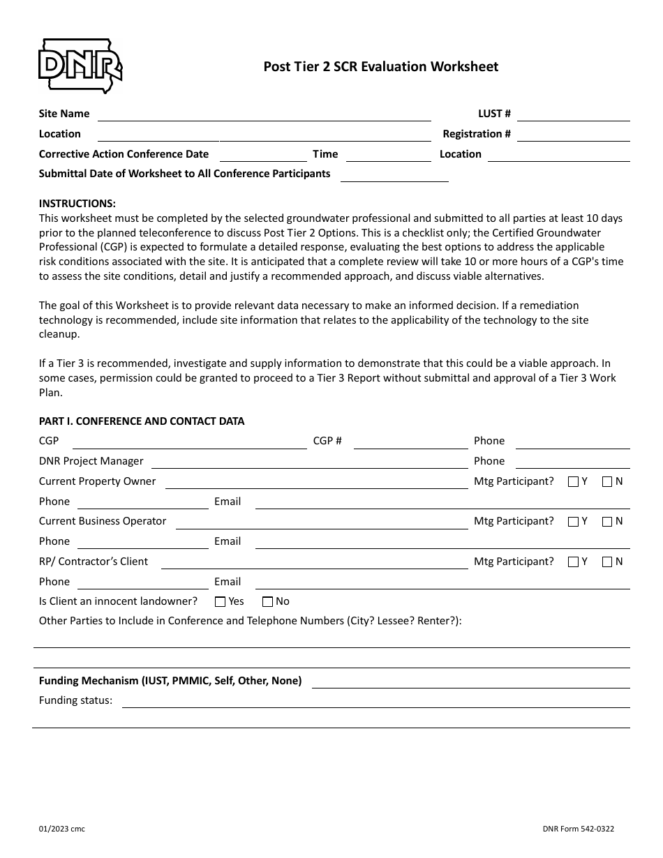 DNR Form 542-0322 Post Tier 2 Scr Evaluation Worksheet - Iowa, Page 1