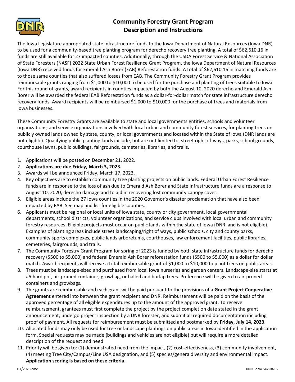DNR Form 542-0415 Community Forestry Grant Program Application - Iowa, Page 1
