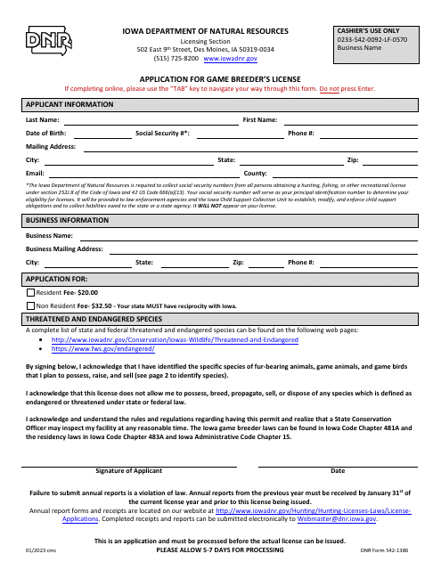 DNR Form 542-1386 Application for Game Breeder's License - Iowa