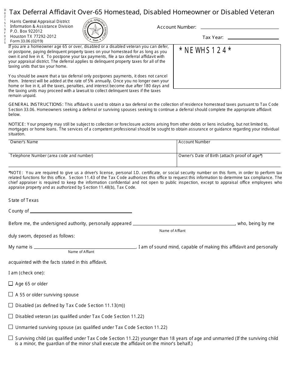 Form 33.06 Tax Deferral Affidavit Over-65 Homestead, Disabled Homeowner or Disabled Veteran - Harris County, Texas, Page 1