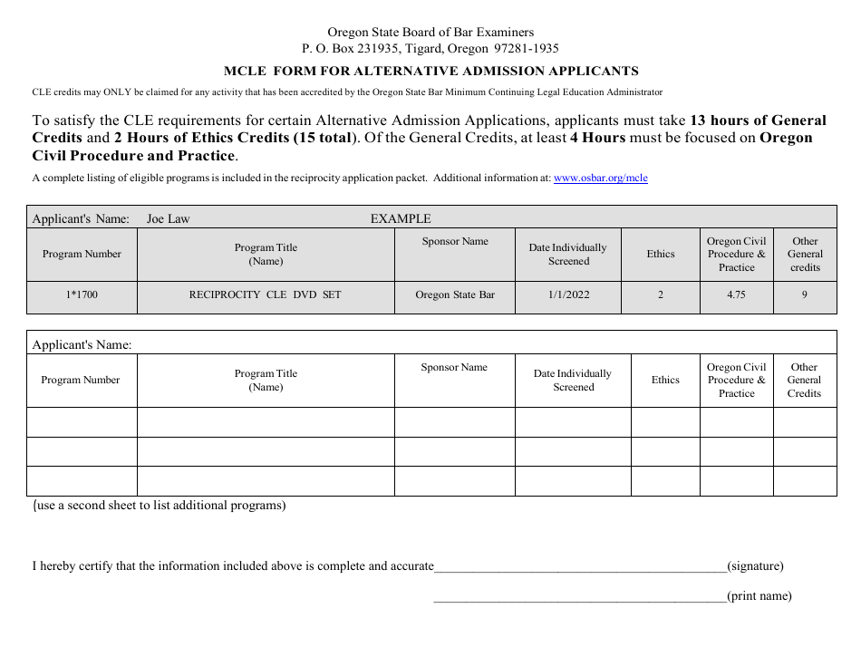 Mcle Form for Alternative Admission Applicants - Oregon, Page 1