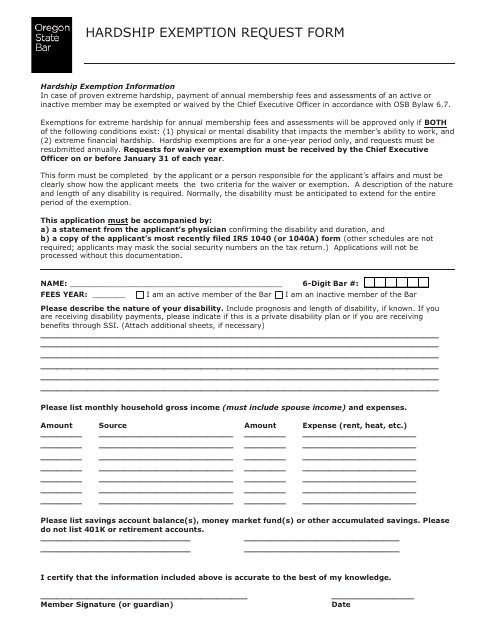 Hardship Exemption Request Form - Oregon Download Pdf