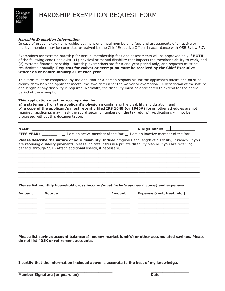 Oregon Hardship Exemption Request Form - Fill Out, Sign Online and ...