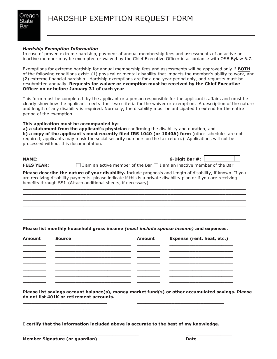Hardship Exemption Request Form - Oregon, Page 1