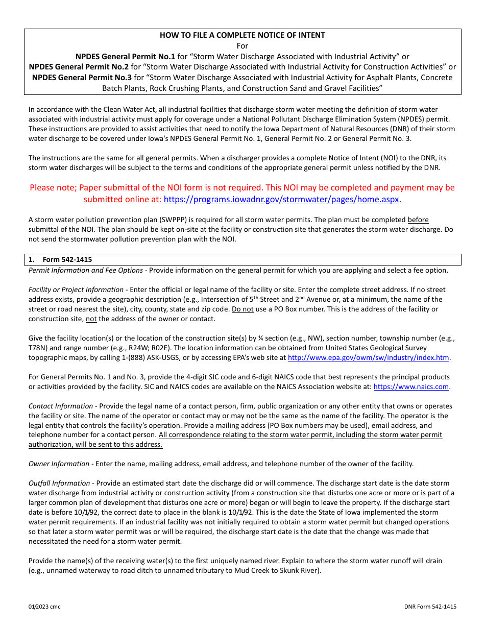 DNR Form 542-1415 Notice of Intent for Coverage Under Npdes Storm Water General Permit - Iowa, Page 1