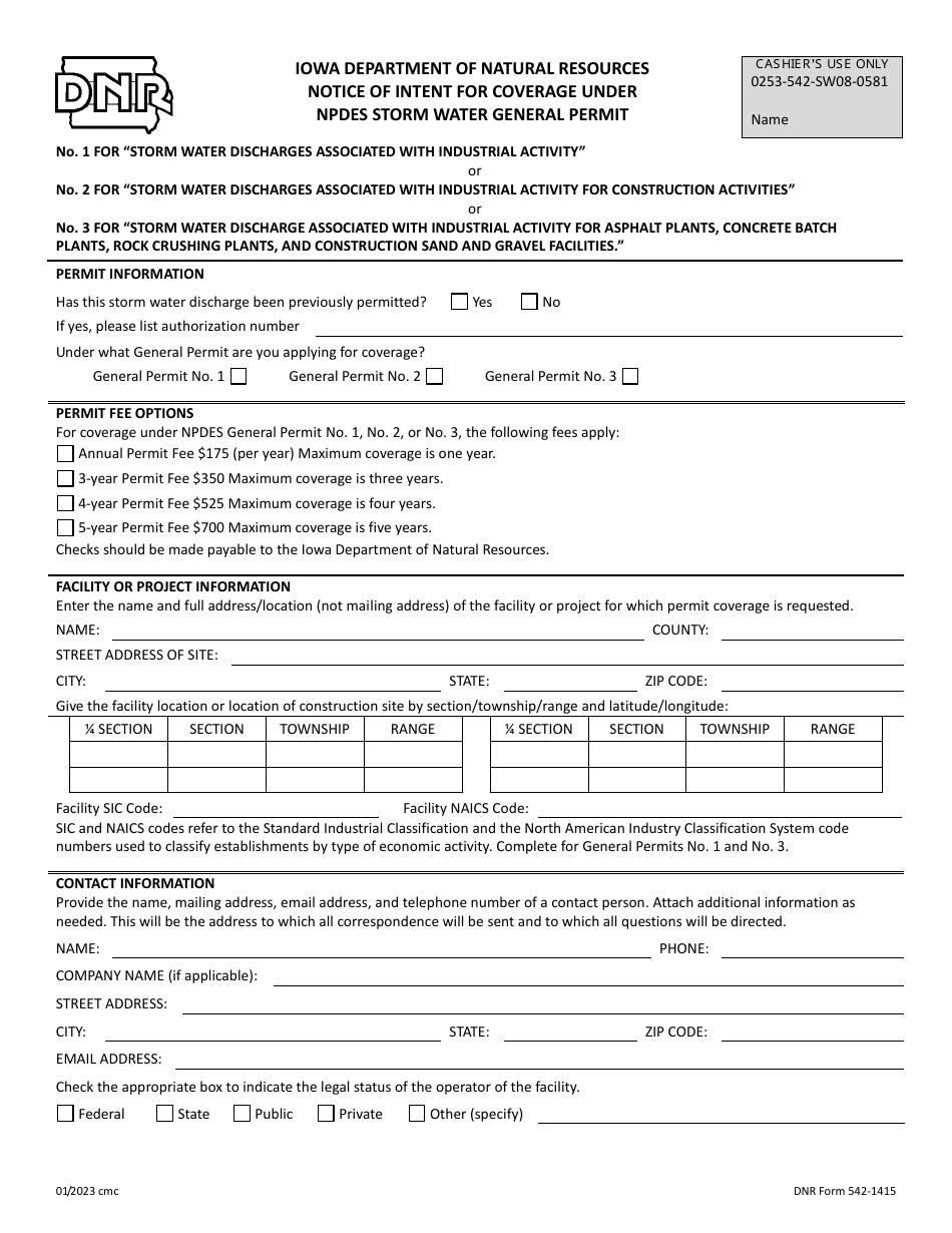 DNR Form 542-1415 Notice of Intent for Coverage Under Npdes Storm Water General Permit - Iowa, Page 3