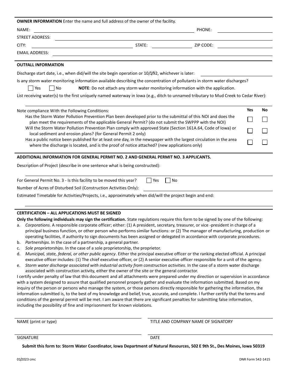 DNR Form 542-1415 Notice of Intent for Coverage Under Npdes Storm Water General Permit - Iowa, Page 4