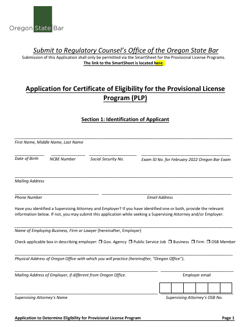 Application for Certificate of Eligibility for the Provisional License Program (Plp) - Oregon Download Pdf
